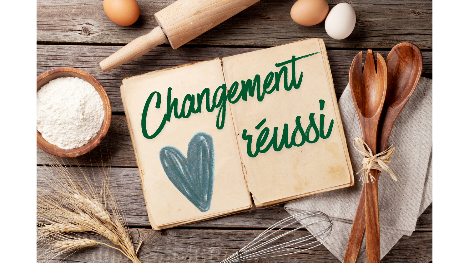 La recette d'un changement professionnel réussi c'est écrit dans un livre avec des ustensiles de cuisine autour