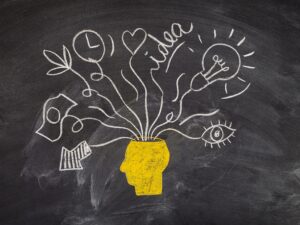 formation lacher prise: illustration à la craie sur un tableau d'une tête et de tout ce qui peut en sortir