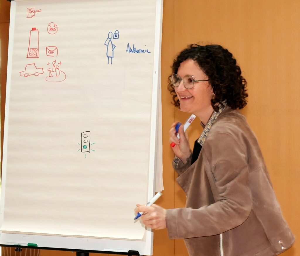 Management visuel et engagement des talents à Saint Nazaire Emilie (sème & Lie) note au tableau via facilitation graphique les besoins des dirigeants