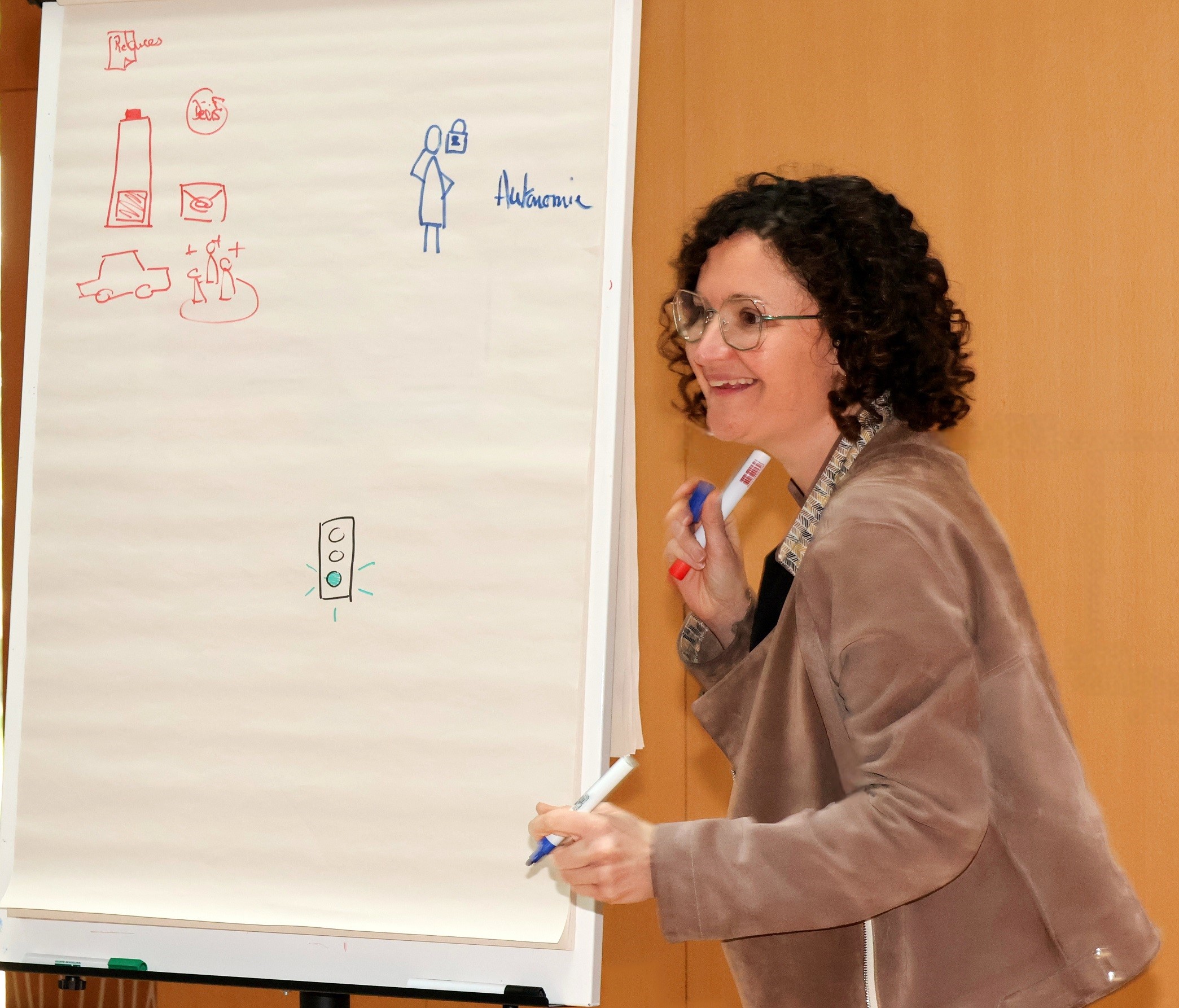 Management visuel et engagement des talents à Saint Nazaire Emilie (sème & Lie) note au tableau via facilitation graphique les besoins des dirigeants